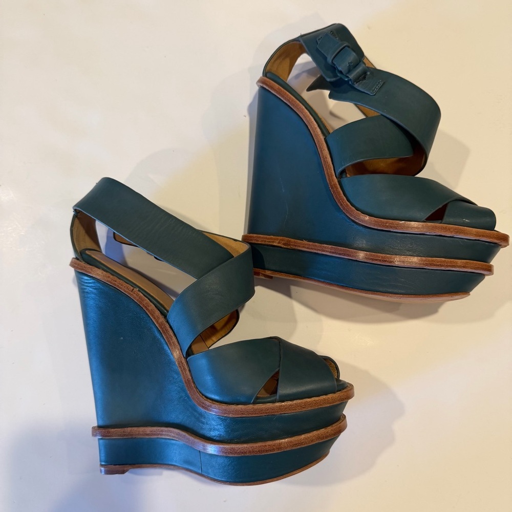 L.A.M.B Green Leather Platform Wedge Sandals Size 6 Designer Strappy Heels - Picture 2 of 8